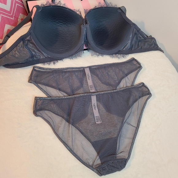 VS Dream Angels 3pc Bra & Panties Set Size 34E/med ☆ Gray Sparkle Lace - Picture 4 of 7